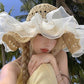 Crochet Sun Hat with Sheer Ruffle Wide Brim and Pearl Trim Detail