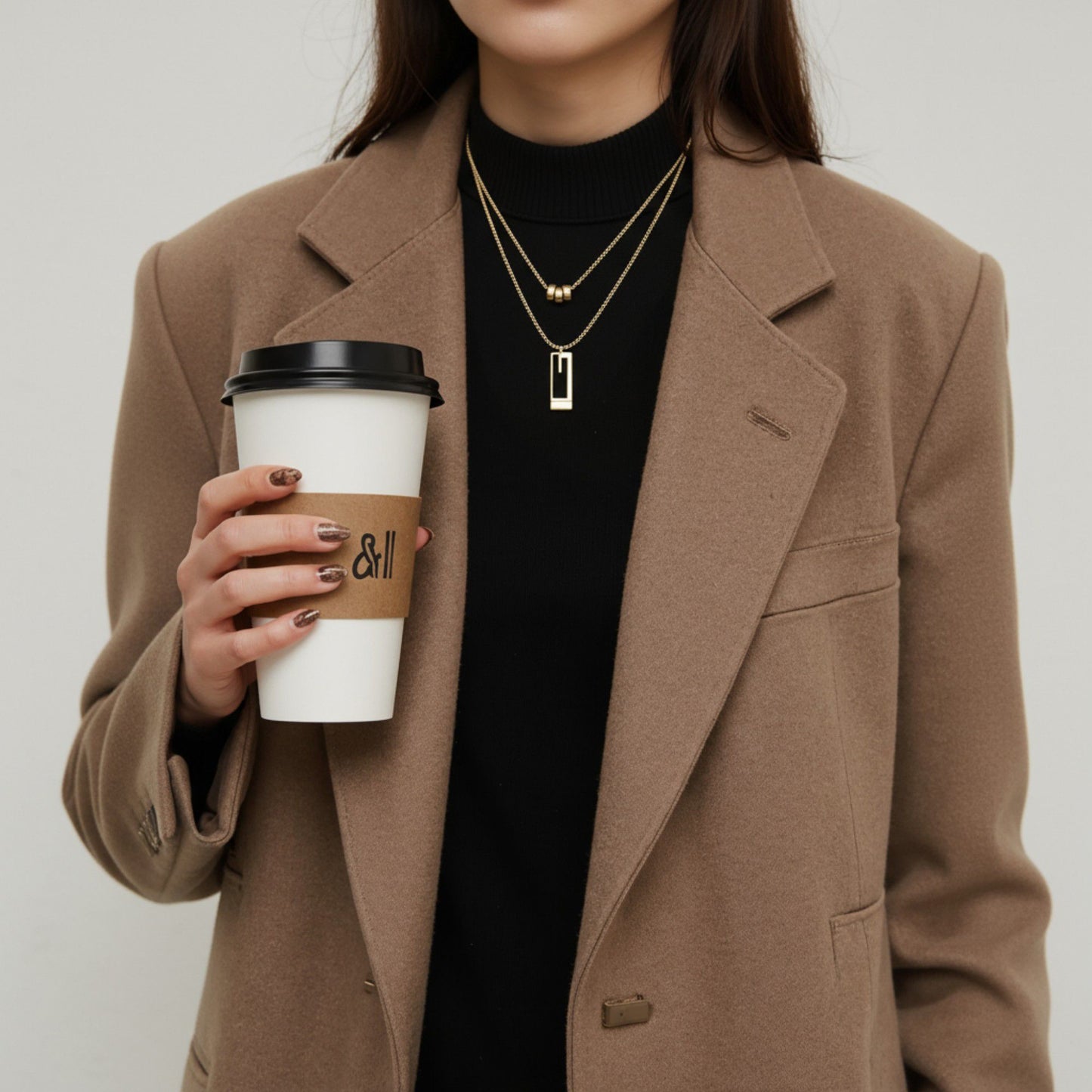 Women's Layered Geometric Pendant Necklace with Rectangular and Cylinder Charms