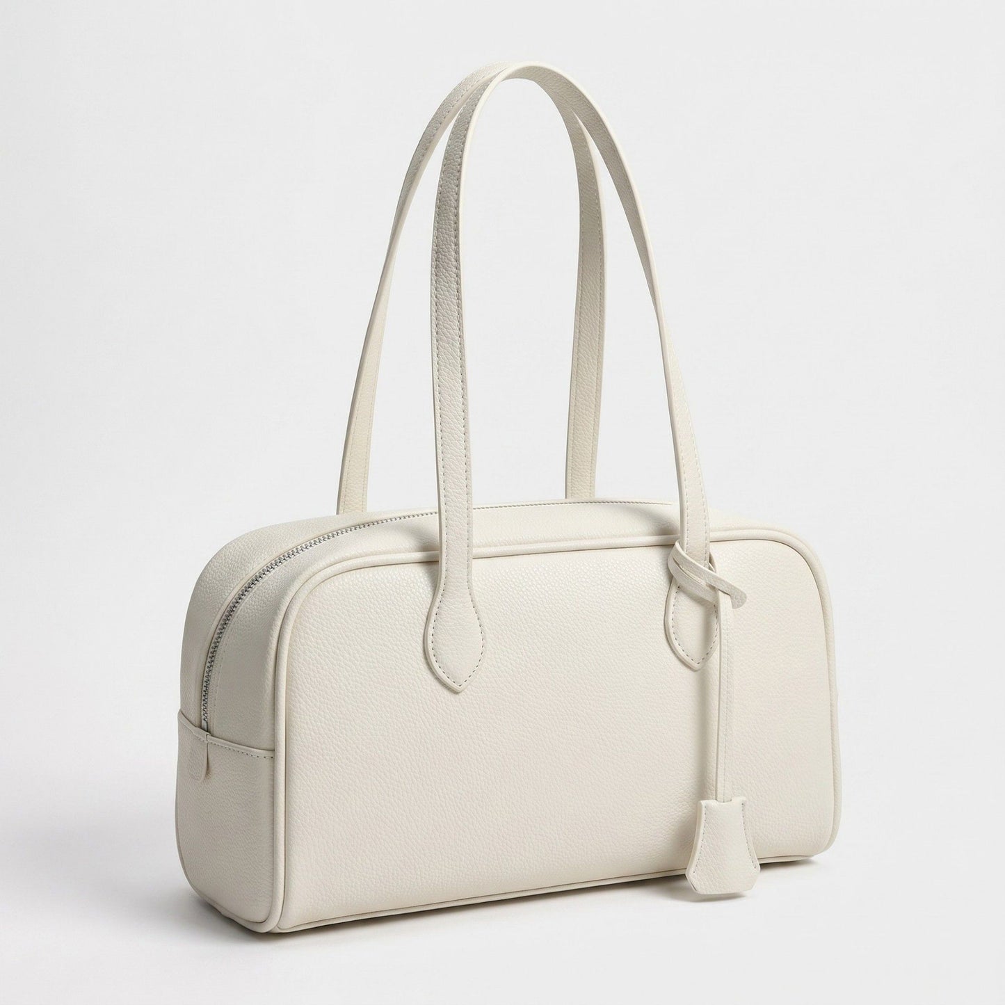 Smooth Grain Rectangular Boston Shoulder Bag with Fixed Long Top Handles & Full Zip Closure 11.8x7.1x4.7in