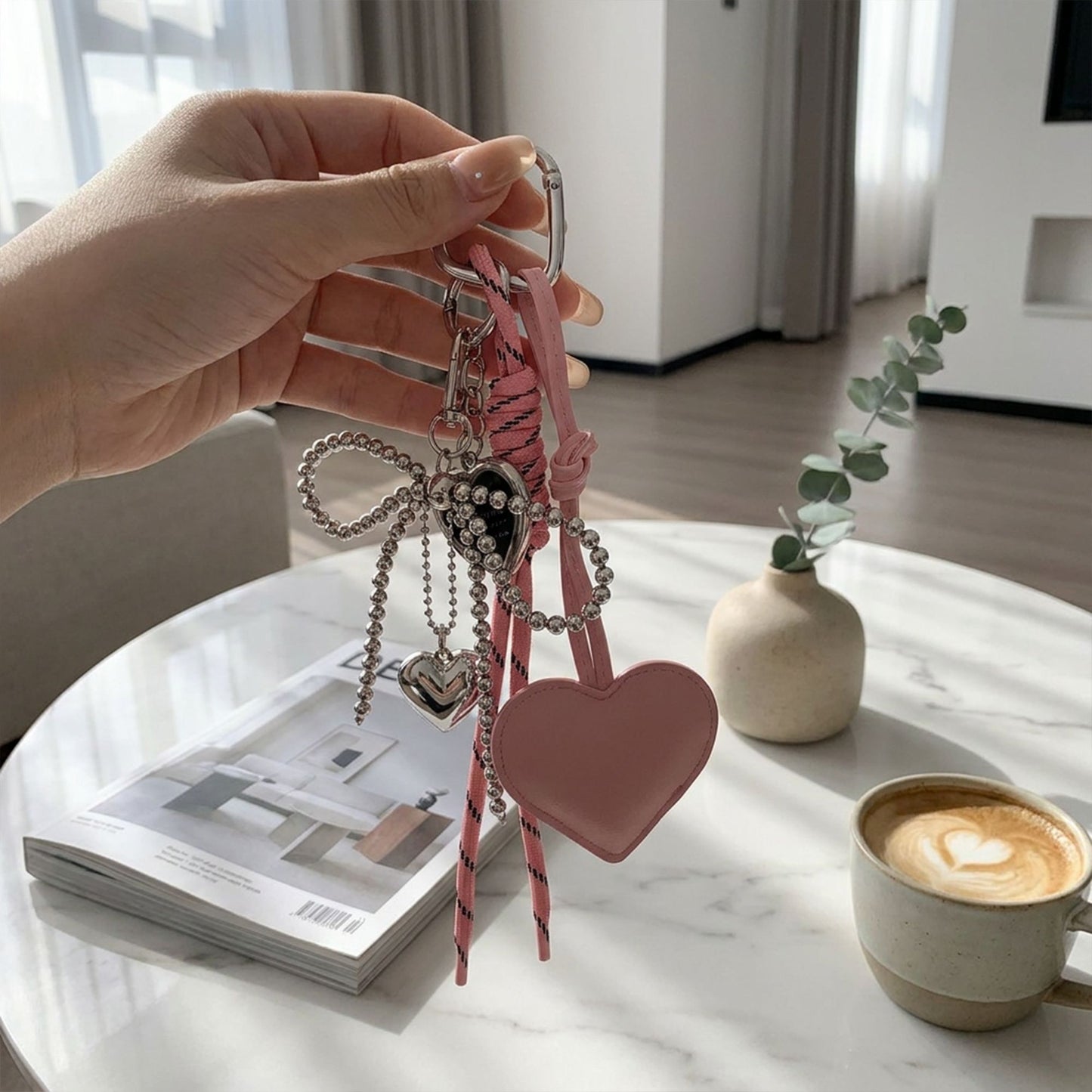 Heart Bag Charm Keychain with Beaded Bow Accent Clip and Faux Leather Heart Pendant