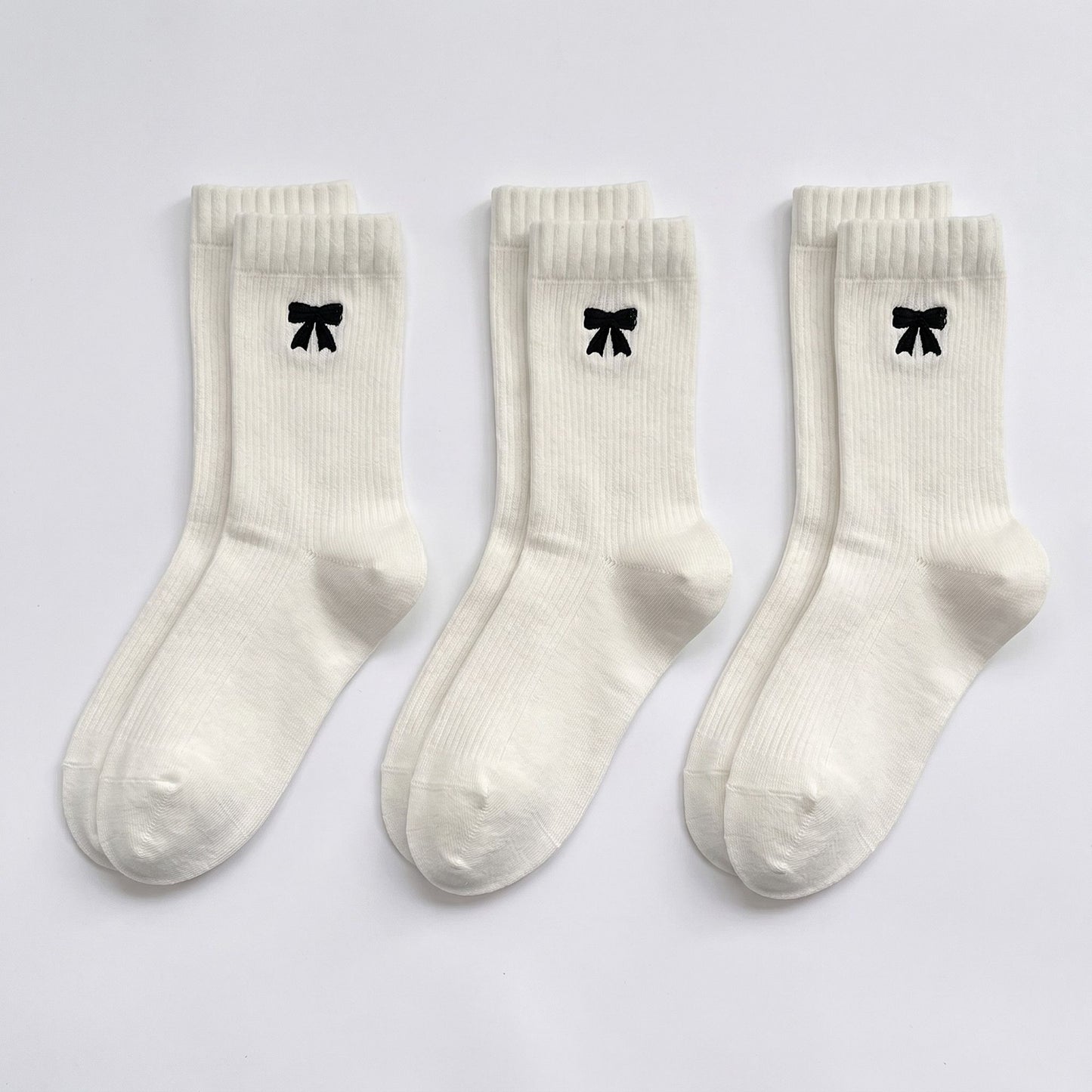 3-Pair Bow Embroidered Crew Socks Set, Ribbed Knit Casual Hosiery