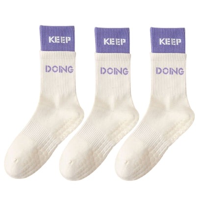 3-Pair Set Mid-Calf Grip Socks with Cushioned Soles and Motivational Text for Yoga Pilates Fitness