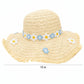 Braided Straw Sun Hat with Floral Applique Trim and Fringe Brim Design