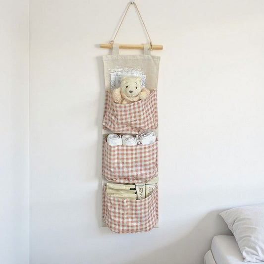 Hanging Wall Organizer with Three Pockets and Brown Gingham Pattern 19x7.8 in
