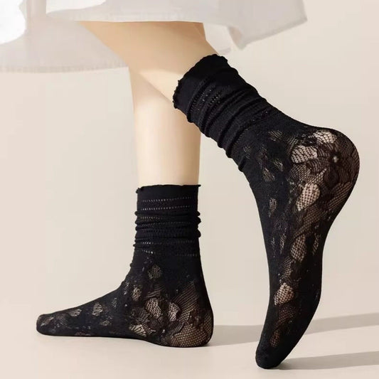 Lace Liner Socks with Elastic Cuff and Floral Mesh Detail Soft Stretch 2-Pack