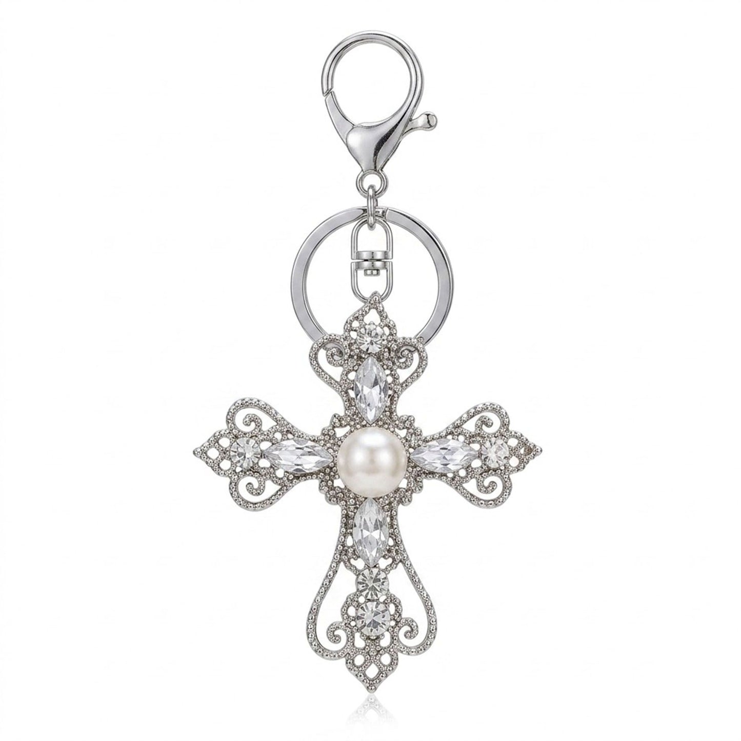 2pc Cross Pearl Rhinestone Keychain Bag Charm with Lobster Clasp and Key Ring