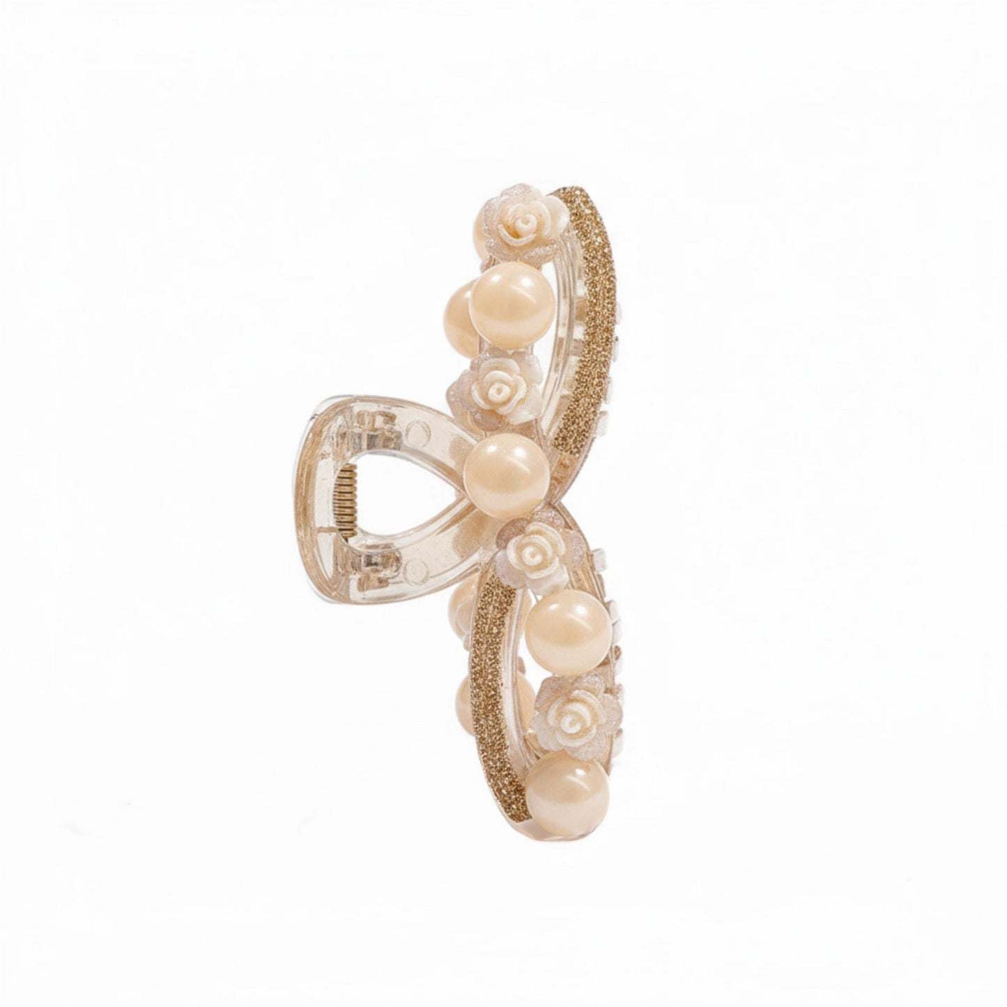 Beaded Flower Metal Hair Claw Clip with Curved Design and Textured Accents