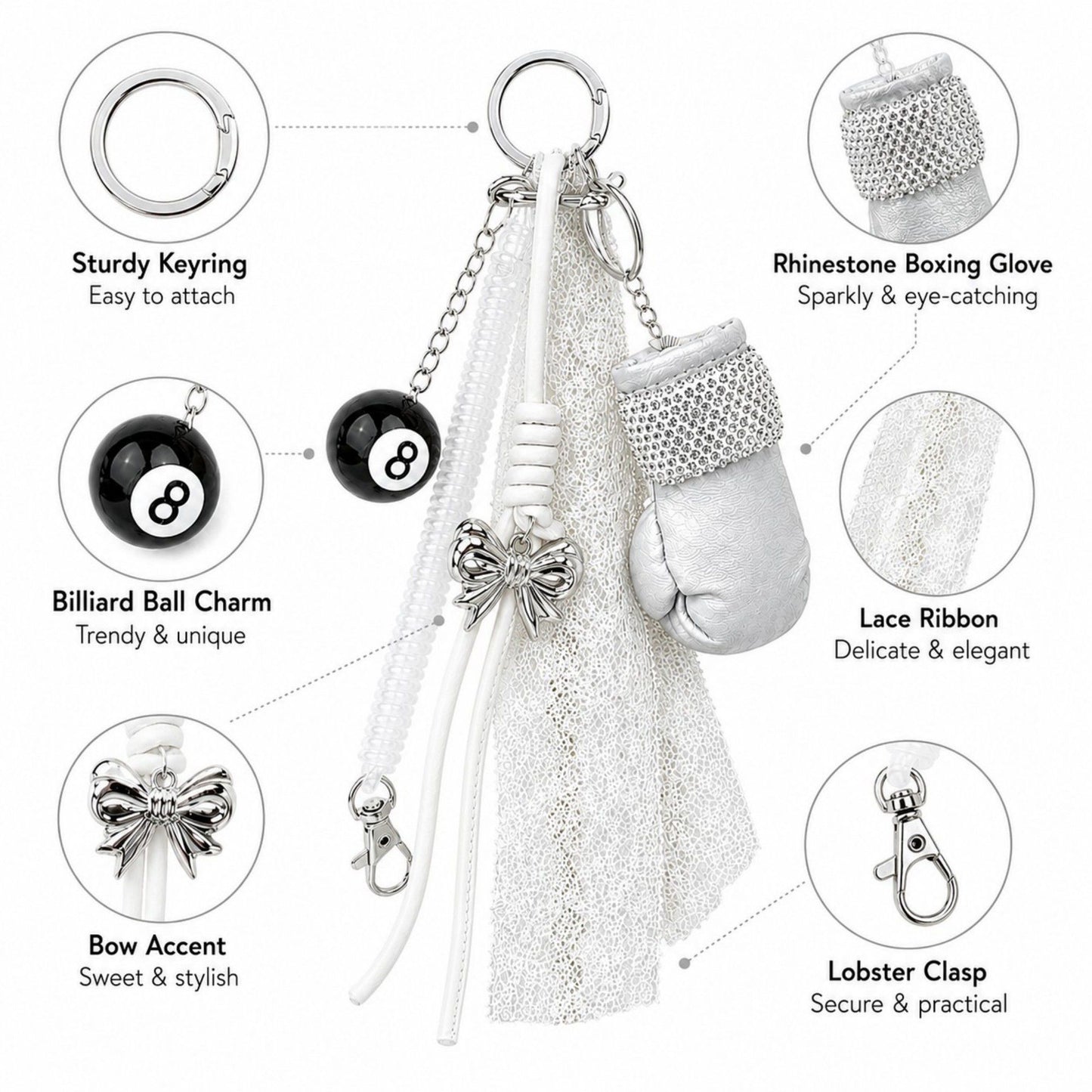 Boxing Glove Keychain Bag Charm with 8 Ball Accent Lace Ribbon and Clip
