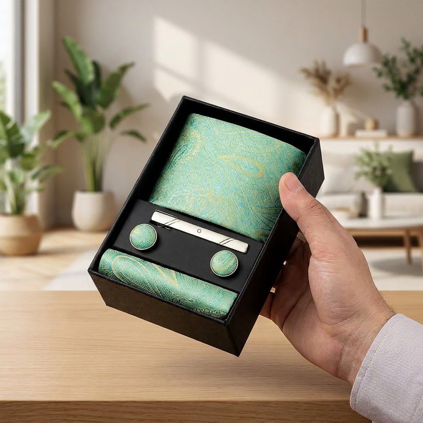 Men's Baroque Floral Tie Gift Set with Matching Pocket Square Cufflinks and Silver Tie Clip