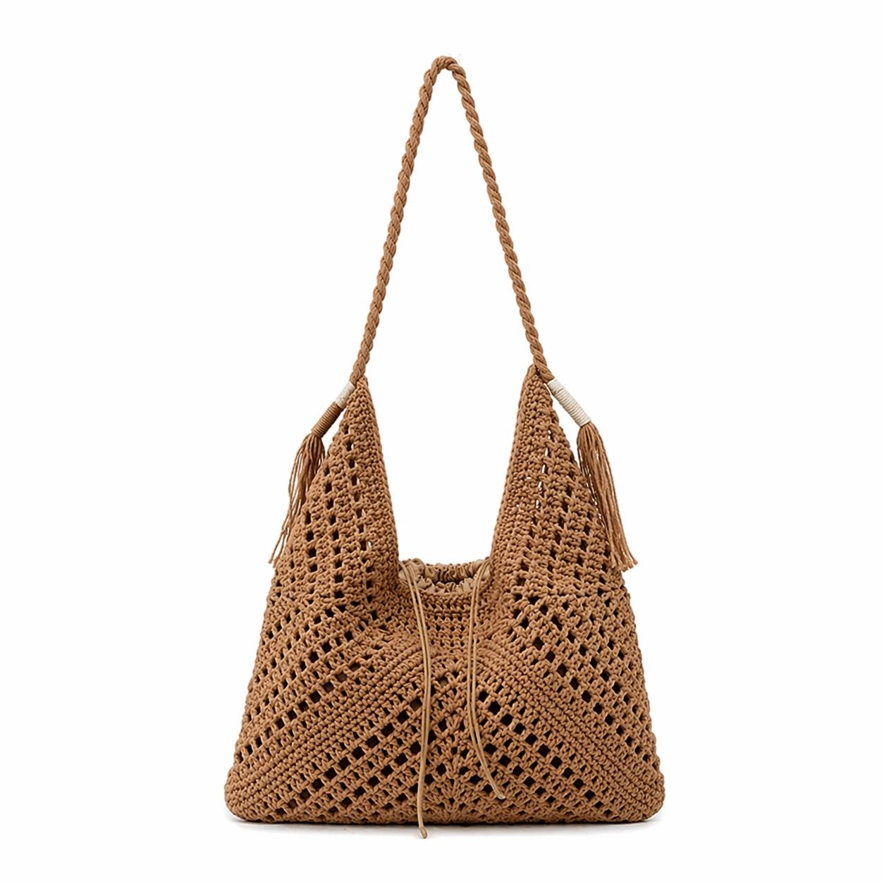 Woven Crochet Hobo Shoulder Bag with Tassel Detail Soft Knit Slouchy Tote Drawstring Style