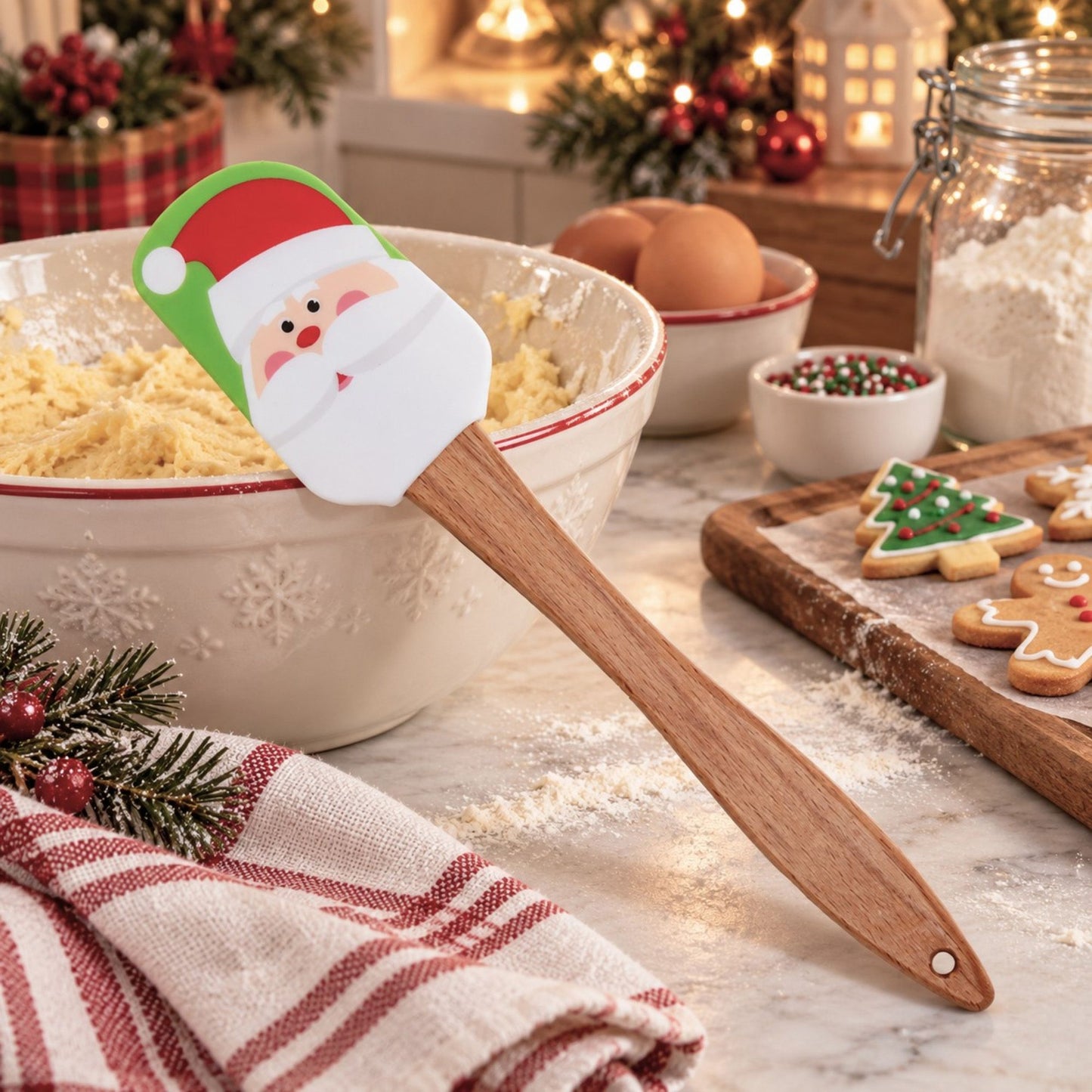 Christmas Silicone Spatula with Wooden Handle for Baking and Cooking