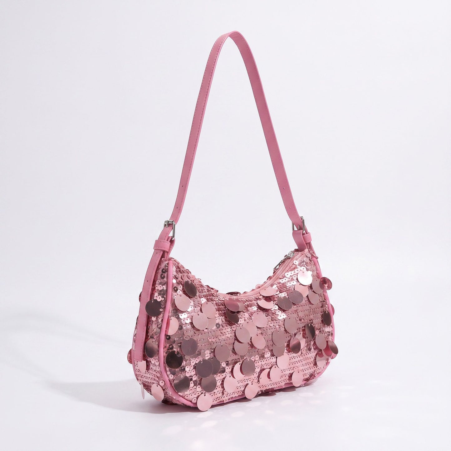 Sequin Crescent Shoulder Bag with Disc Paillette Details and Slim Strap