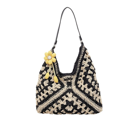 Women's Crochet Woven Hobo Shoulder Bag with Daisy Charm and Lined Interior