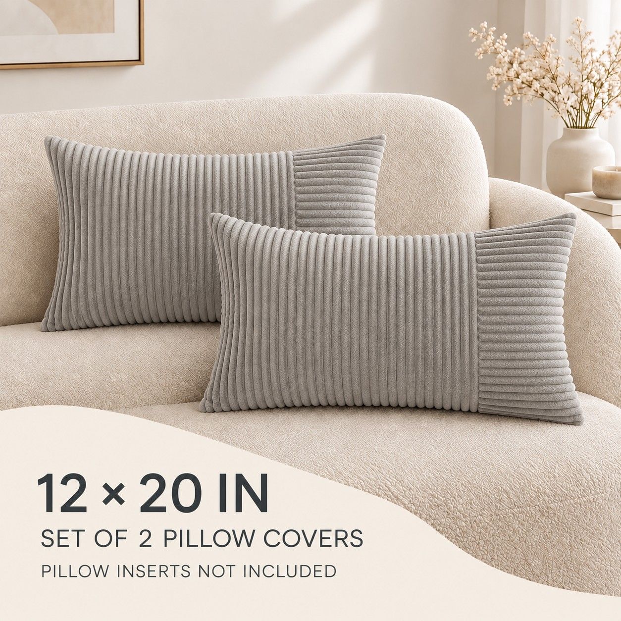 2 Pack Soft Corduroy Throw Pillow Covers 18 x 18 Inch and 12 x 20 Inch