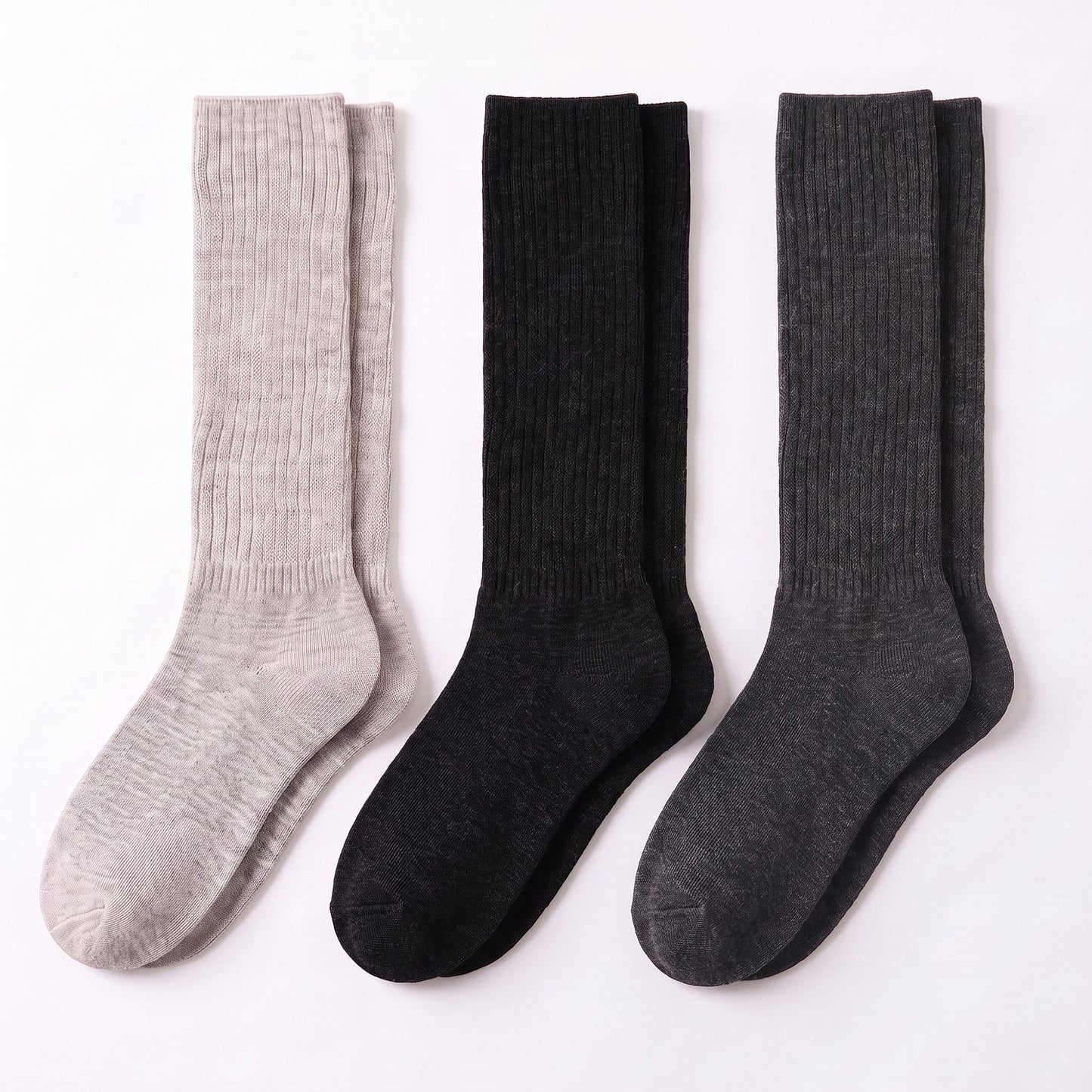 3-Pair Tall Ribbed Knit Crew Socks Set, Soft Slouchy Mid-Calf Casual Socks