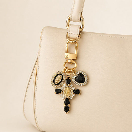 3pc Cross Keychain Bag Charm with Rhinestone Heart Pendant and Medallion Accent