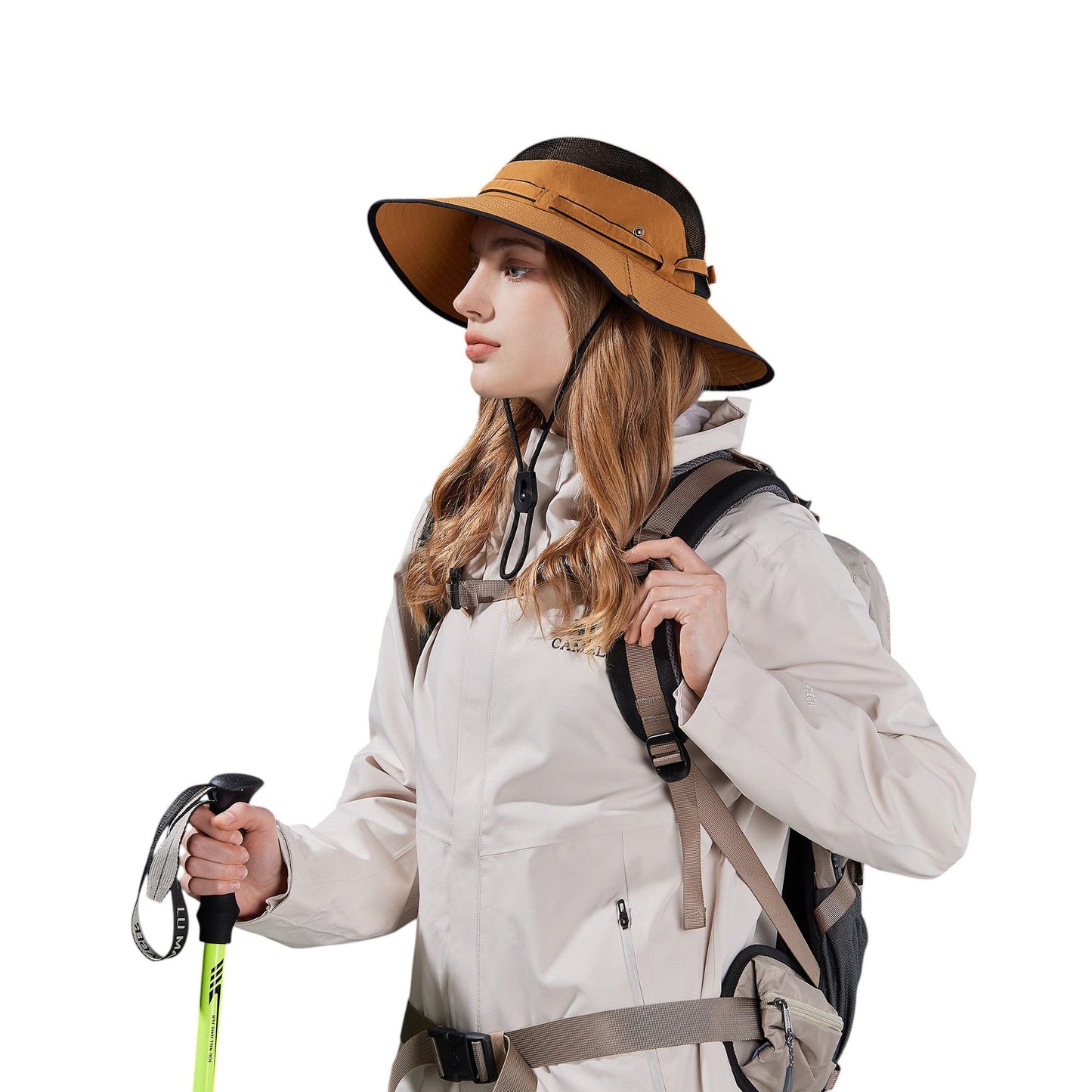Wide Brim Outdoor Hat with Mesh Ventilation Snap-Up Sides and Chin Strap for Hiking, Beach, Travel, and Sun Protection