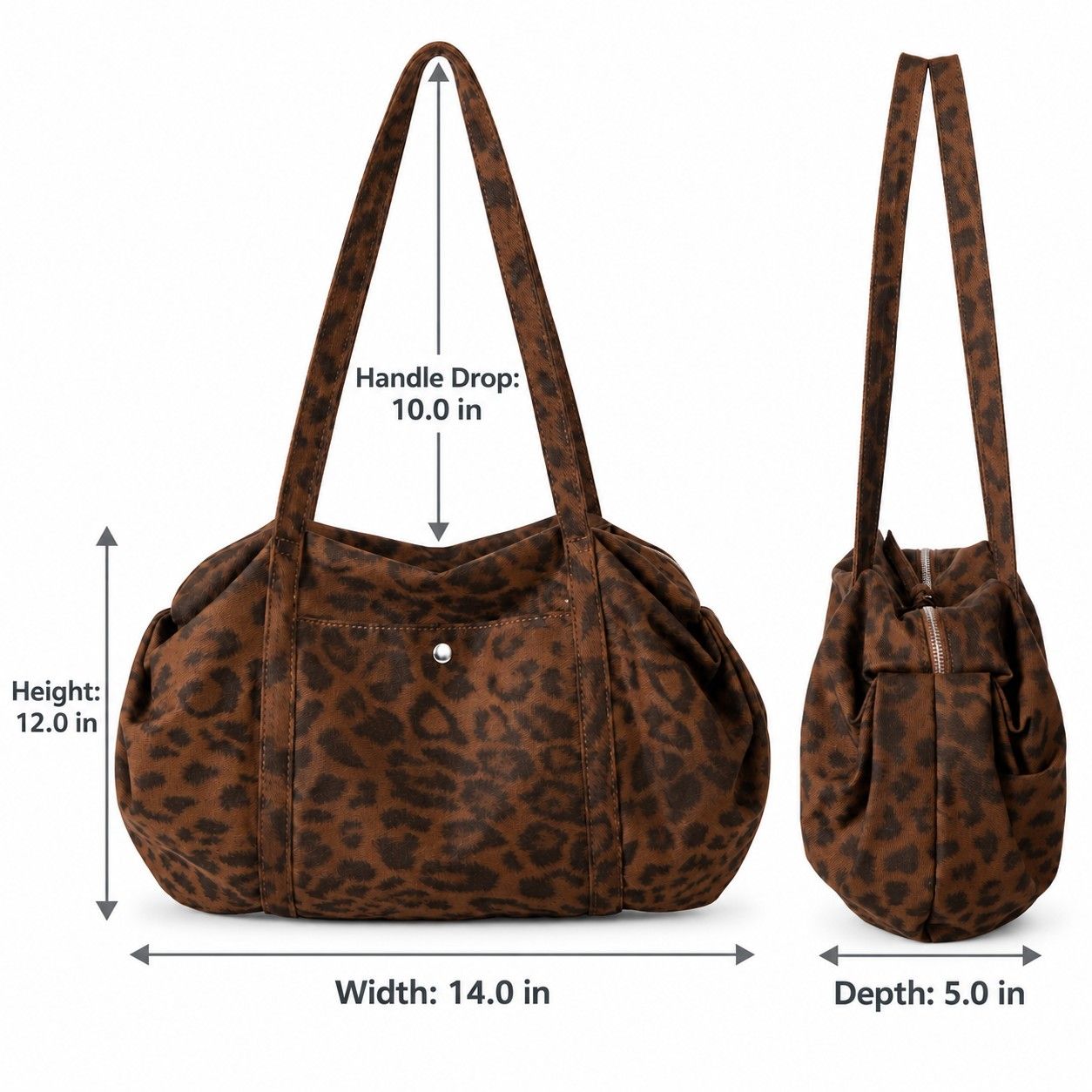 Leopard Print Barrel Shoulder Bag with Zip Closure and Interior Pockets