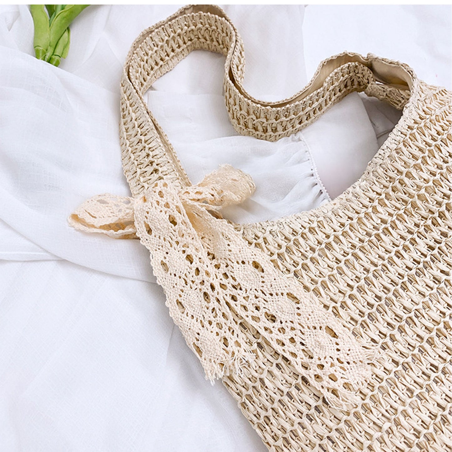 Women's Crochet Woven Hobo Shoulder Bag with Lace Bow Accent and Lined Interior