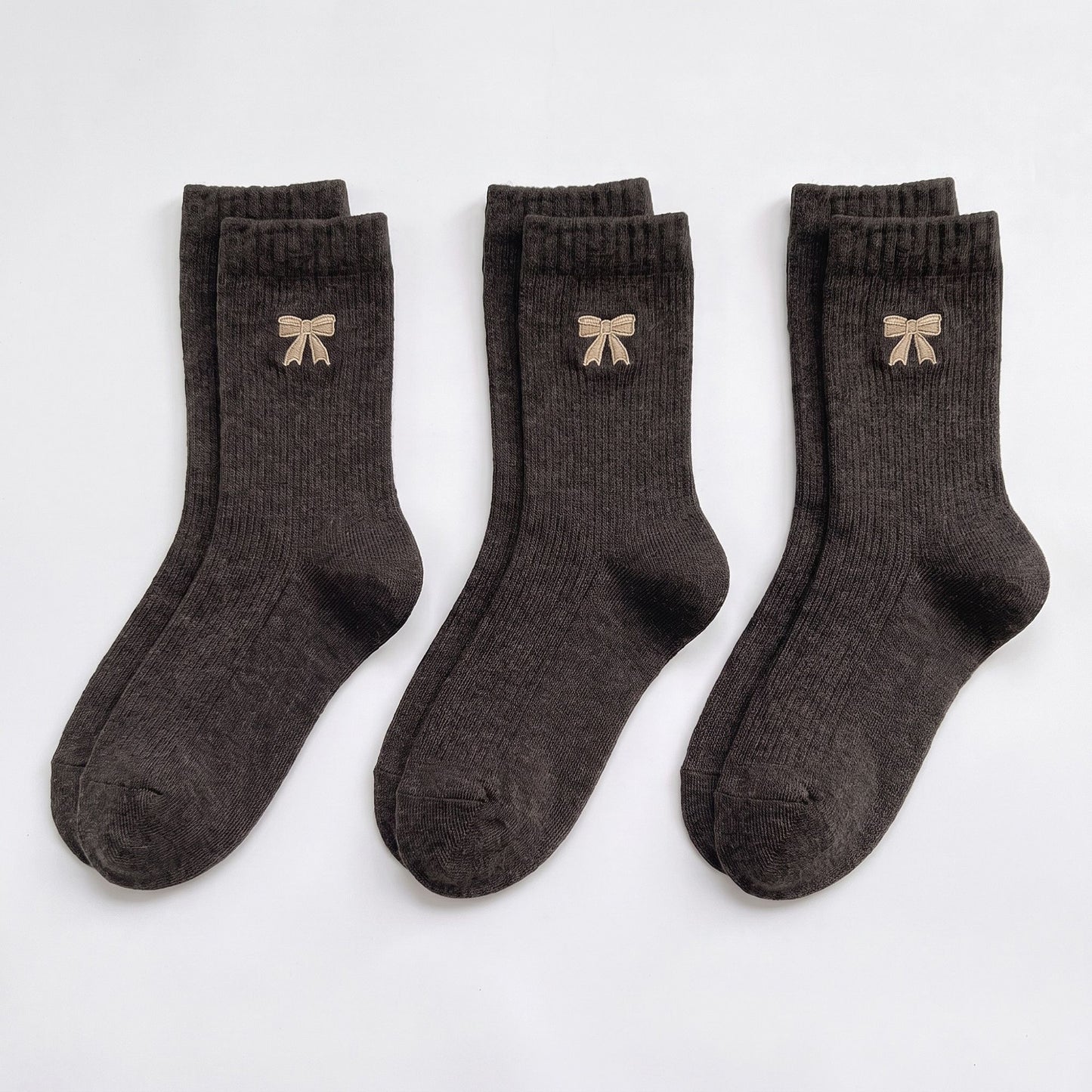 3-Pair Bow Embroidered Crew Socks Set, Ribbed Knit Casual Hosiery