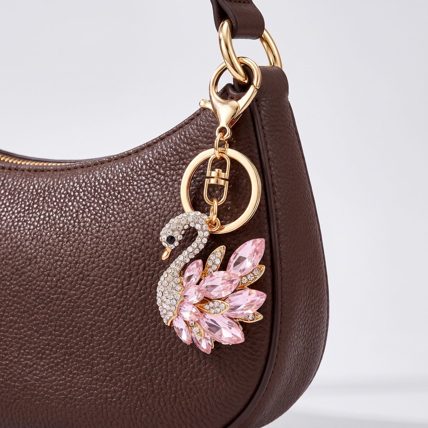 Swan Rhinestone Keychain Bag Charm with Crystal Petal Accents and Gold Tone Clasp