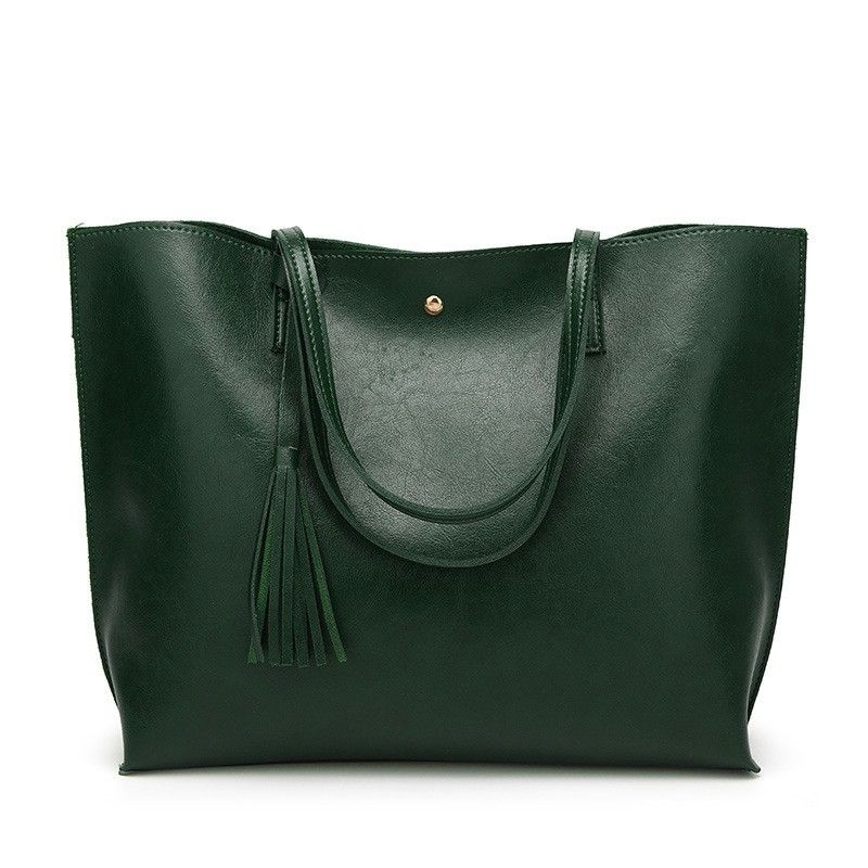 Large Faux Leather Shoulder Tote Bag with Tassel and Magnetic Snap Closure