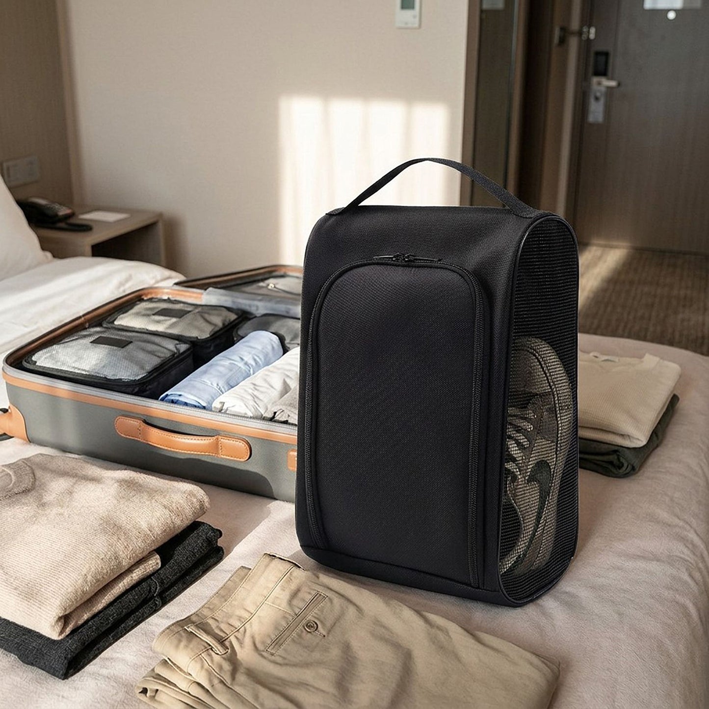 Travel Shoe Organizer Bag with Mesh Sides and Carry Handle