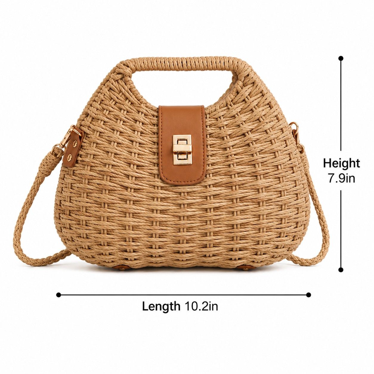 Round Woven Top Handle Crossbody Bag with Button Closure and Chain Strap
