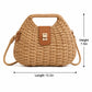Round Woven Top Handle Crossbody Bag with Button Closure and Chain Strap