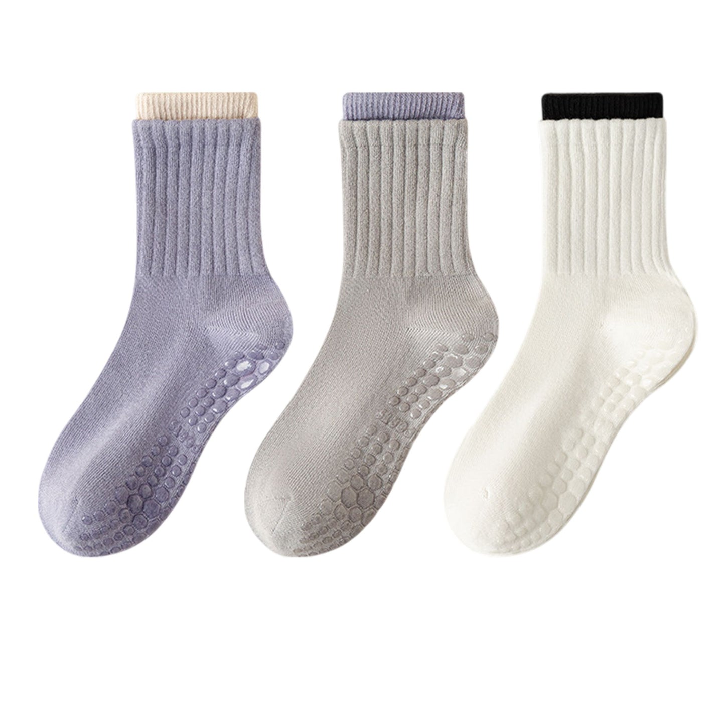 Womens Non-Slip Grip Crew Socks 3 Pair Pack Custom Color Combos Soft Ribbed Cotton with 3D Silicone Heel