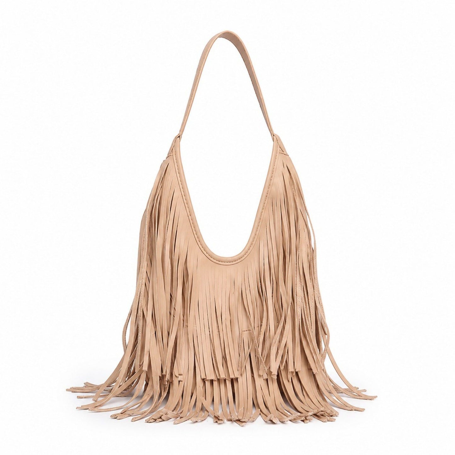Fringe Shoulder Bag Beige Suede Look Boho Hobo Purse with Long Strap
