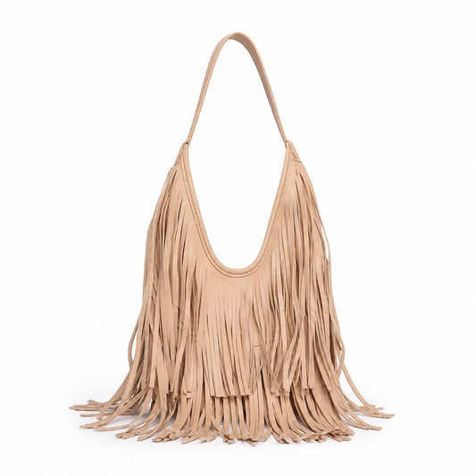 Fringe Shoulder Bag Beige Suede Look Boho Hobo Purse with Long Strap