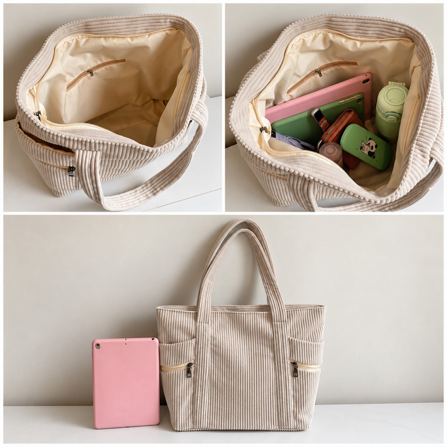 Large Corduroy Tote Bag with Zipper Pockets