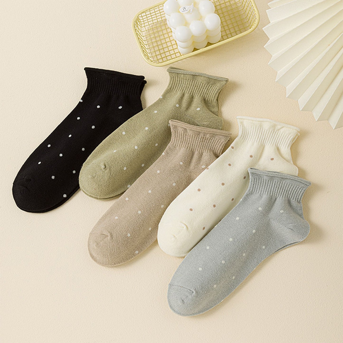 5 Pairs Women¡¯s Ankle Socks Soft Ribbed Top with Small Polka Dot Pattern for Loafers Ballet Flats or Sneakers