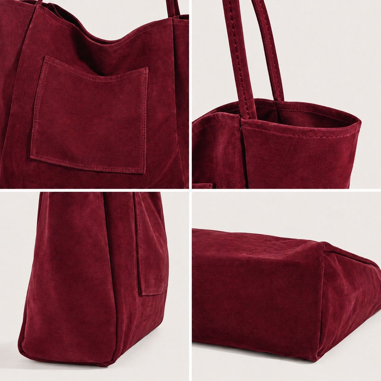 Large Faux Suede Tote Bag with Front Pocket and Double Shoulder Handles