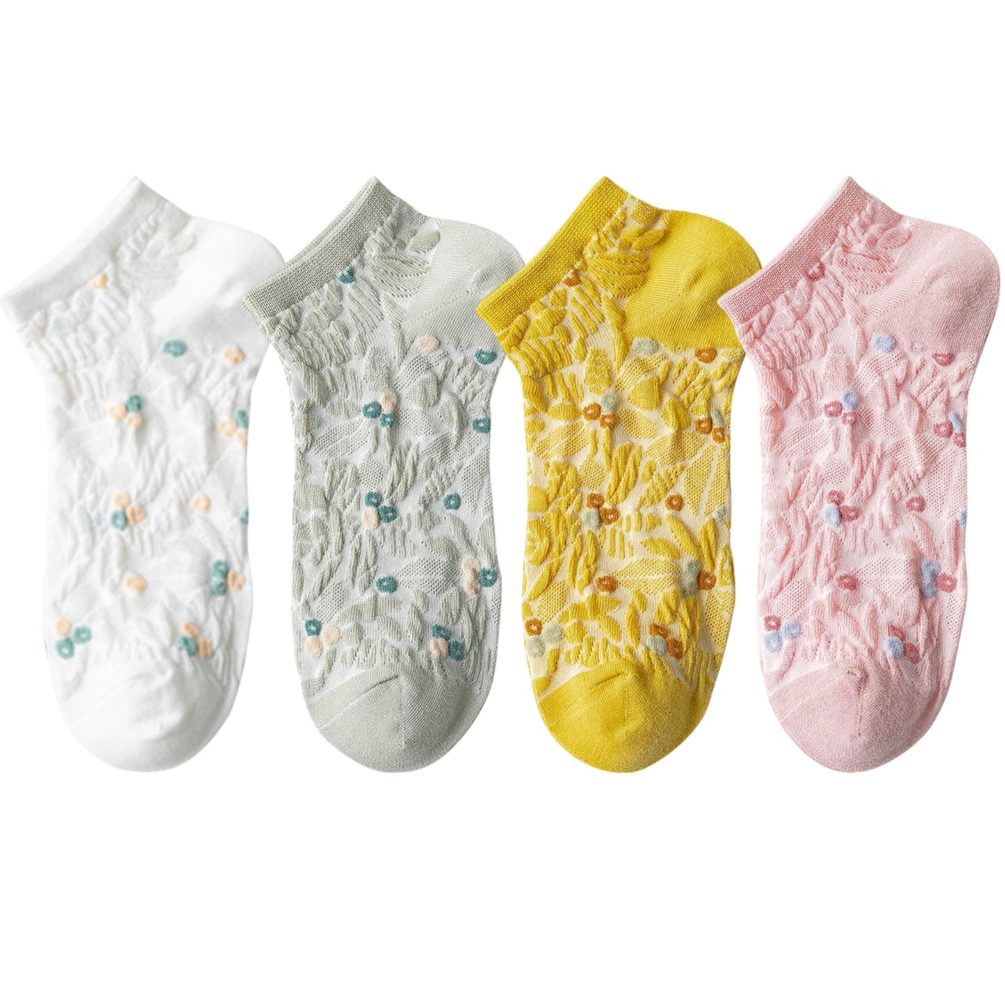 4 Pairs Women's Low-Cut Floral Embroidered Socks Soft Combed Cotton Breathable Fit for Sneakers Flats and Everyday Casual Wear