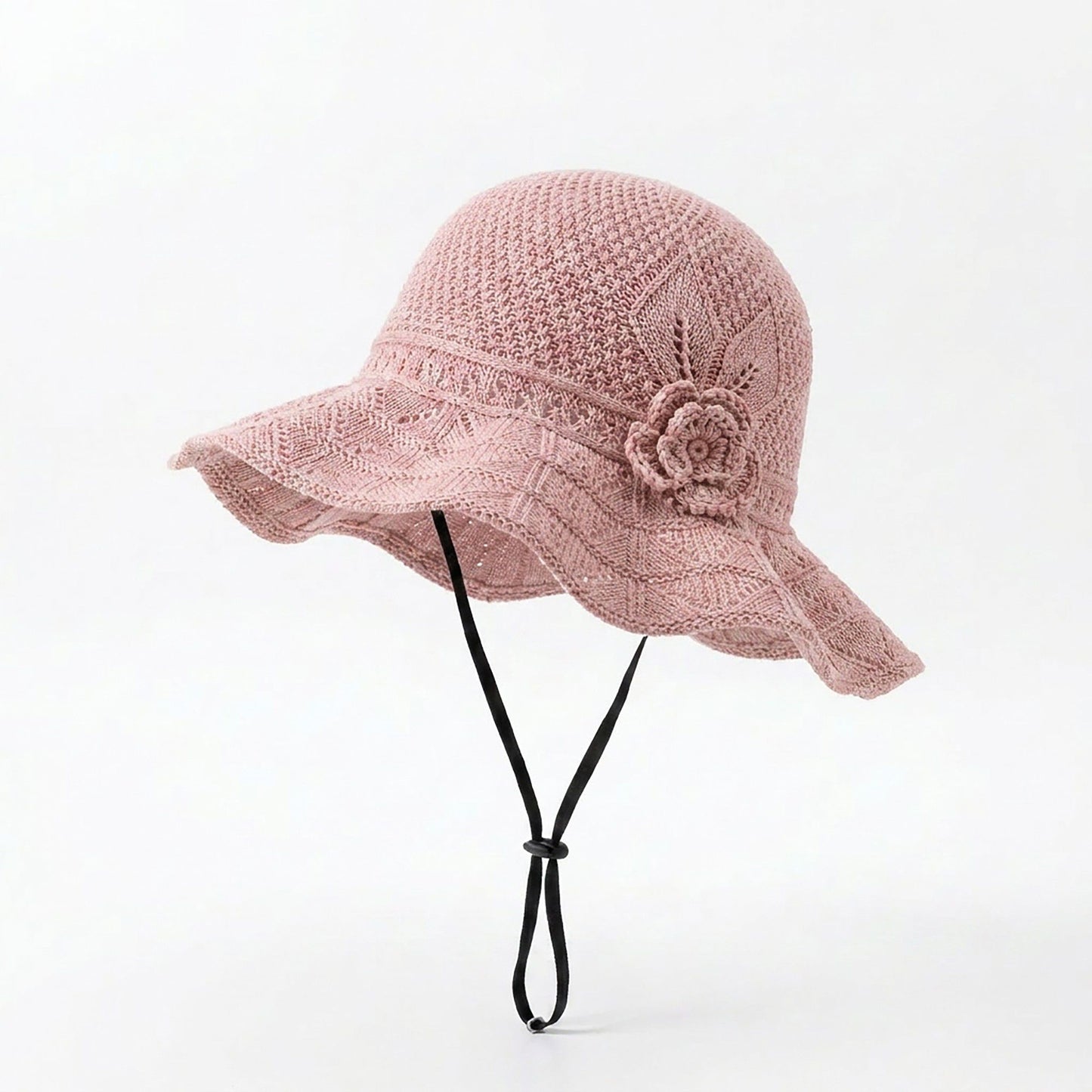 Crochet Wide Brim Sun Hat with Floral Accent Scalloped Edge and Chin Strap