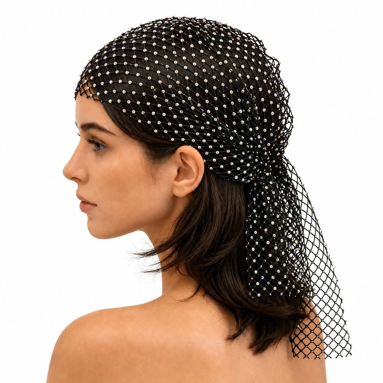 Rhinestone Mesh Head Wrap Sparkle Tie Back Hair Scarf