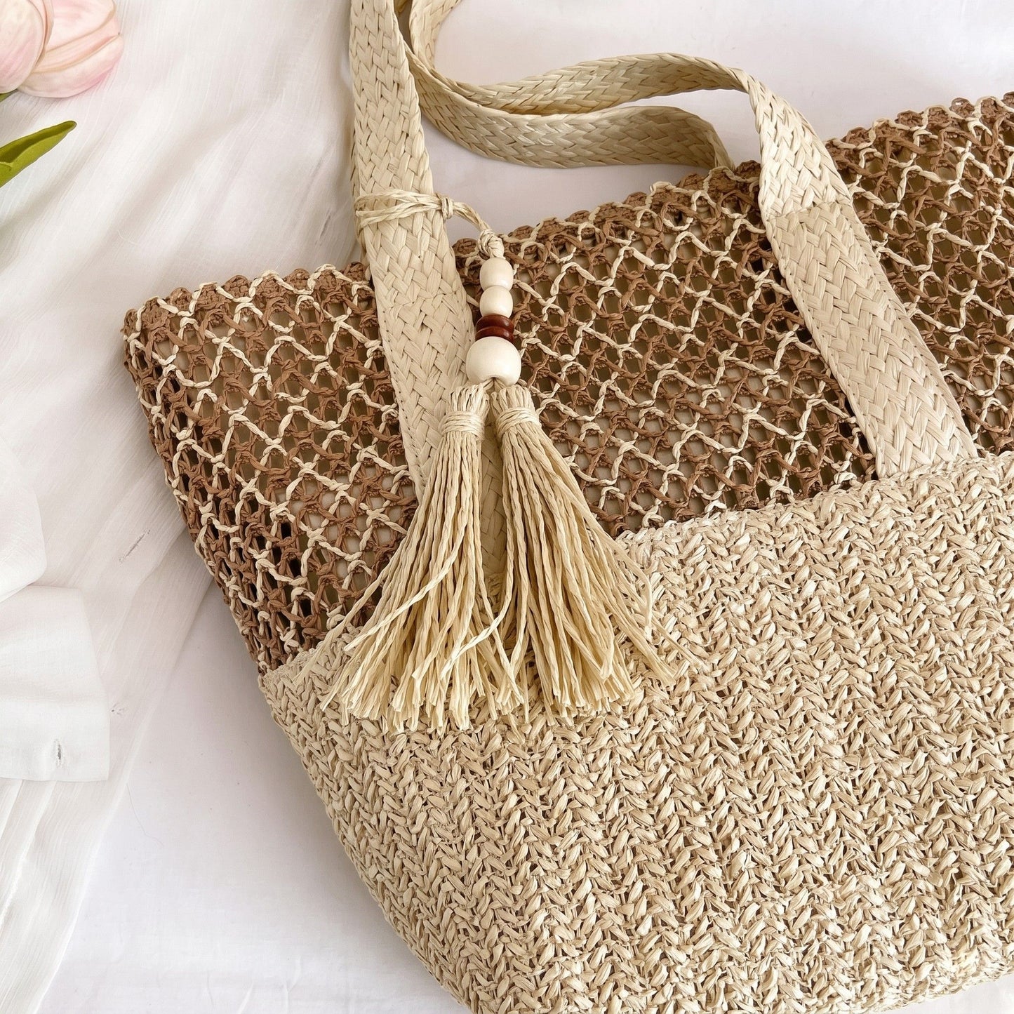Woven Straw Tote Bag with Zip Closure Shoulder Straps and Tassel Accent