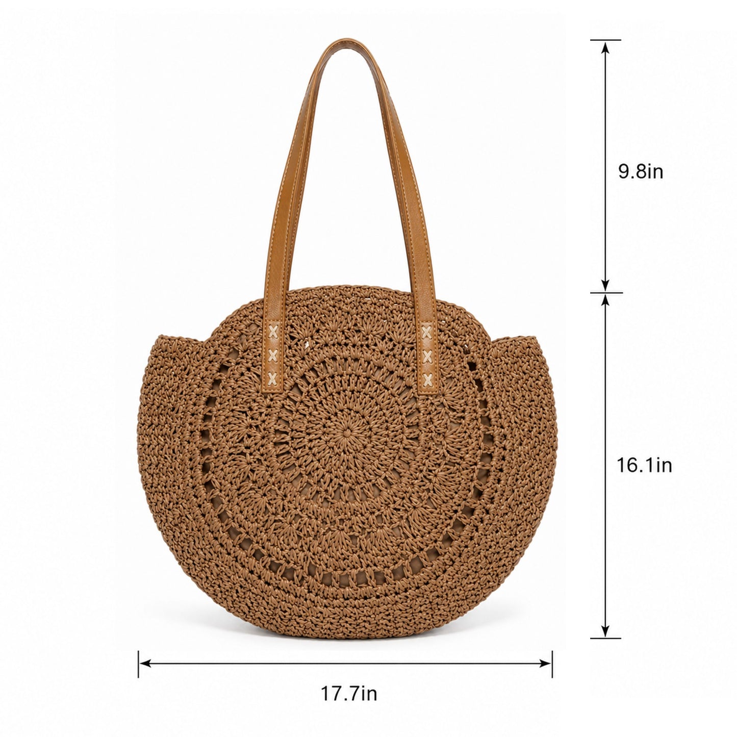 Round Woven Straw Tote Bag with Zip Closure Shoulder Handles and Slip Pocket