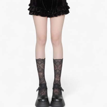Mid-Calf Lace Socks with Scalloped Edge and Intricate Floral Pattern