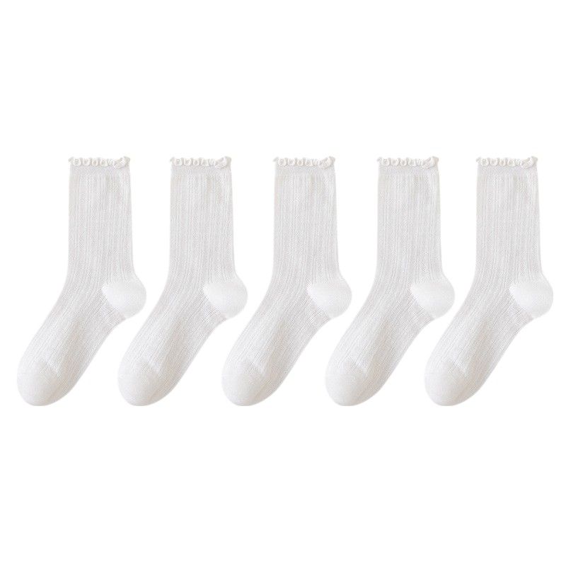 Ribbed Crew Socks with Ruffle Lettuce Trim Soft Stretch Knit Comfortable Everyday 5-Pack