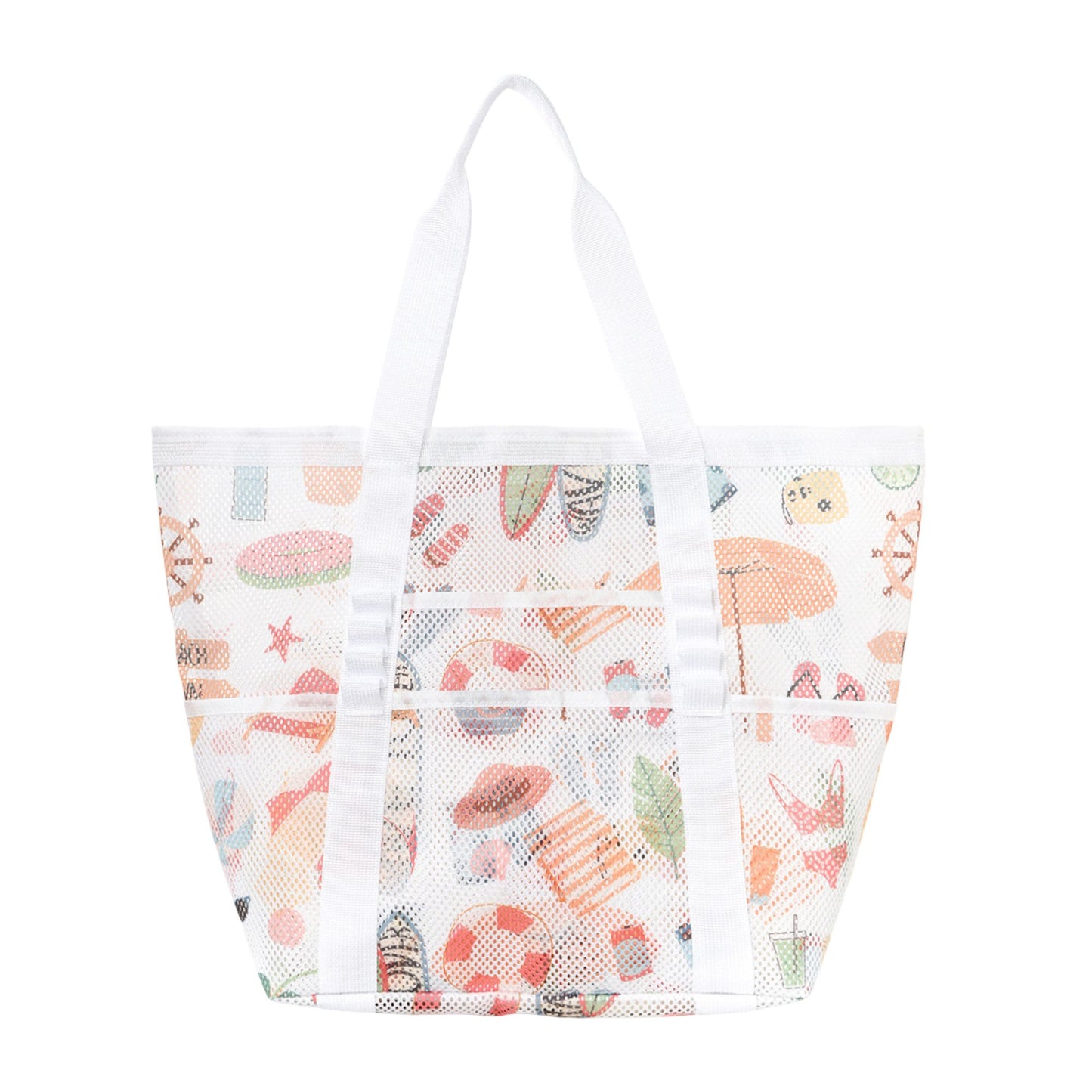 Mesh Beach Tote Bag with Beach Themed Print and Shoulder Handles
