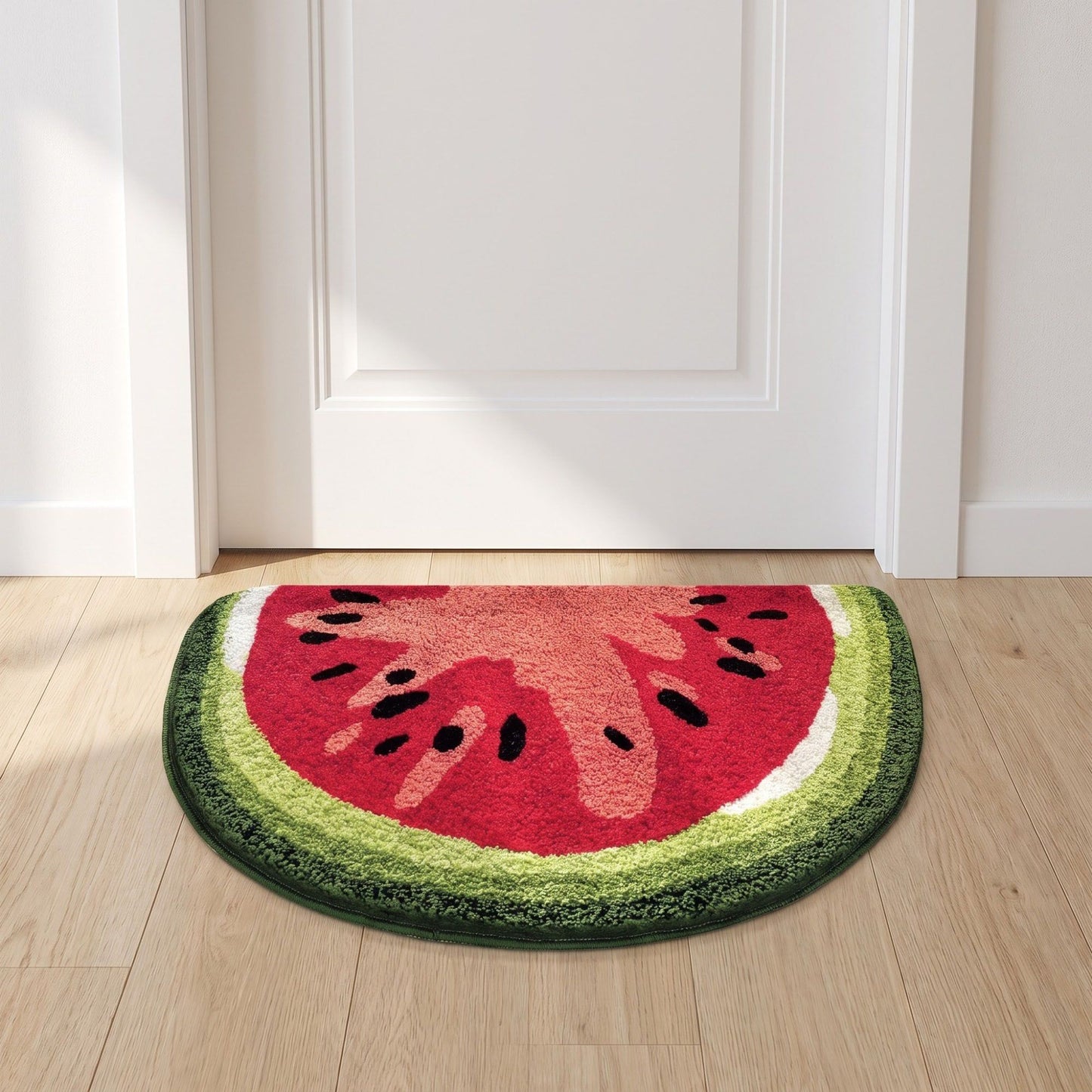 Kiwi Fruit Slice Plush Semicircle Bathroom Mat with Green Tufted Design