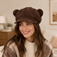 Faux Suede Bear Ear Newsboy Cap Cute Short Brim Baker Boy Hat