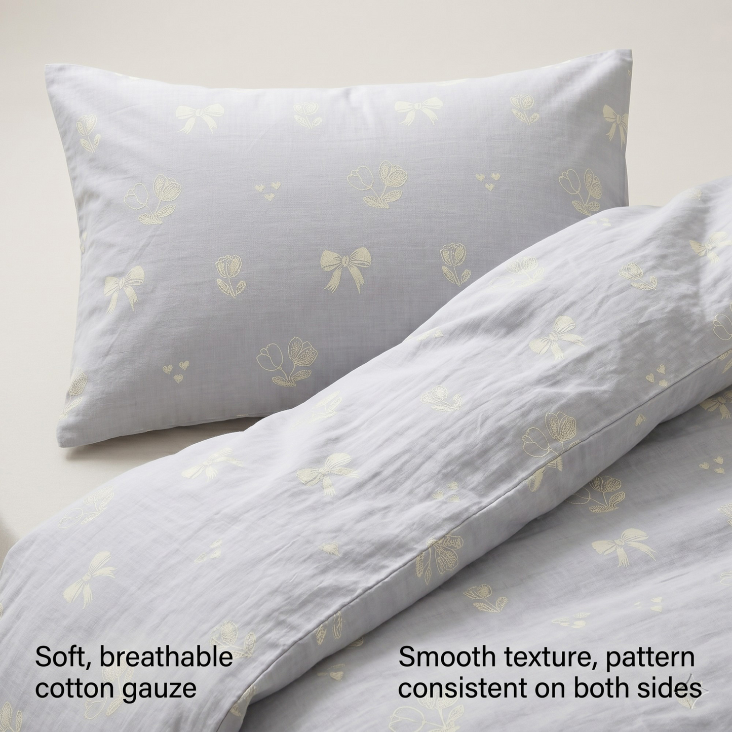 3-Piece Cotton Bedding Set with Duvet Cover and Pillowcases Soft Washed Fabric Minimal Floral Bow Print