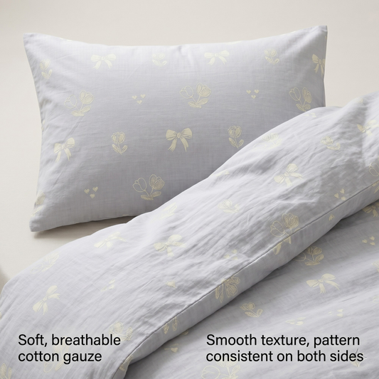 3-Piece Cotton Bedding Set with Duvet Cover and Pillowcases Soft Washed Fabric Minimal Floral Bow Print