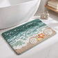 Coastal Ocean Wave Plush Bathroom Mat with Life Preserver and Seashell Design