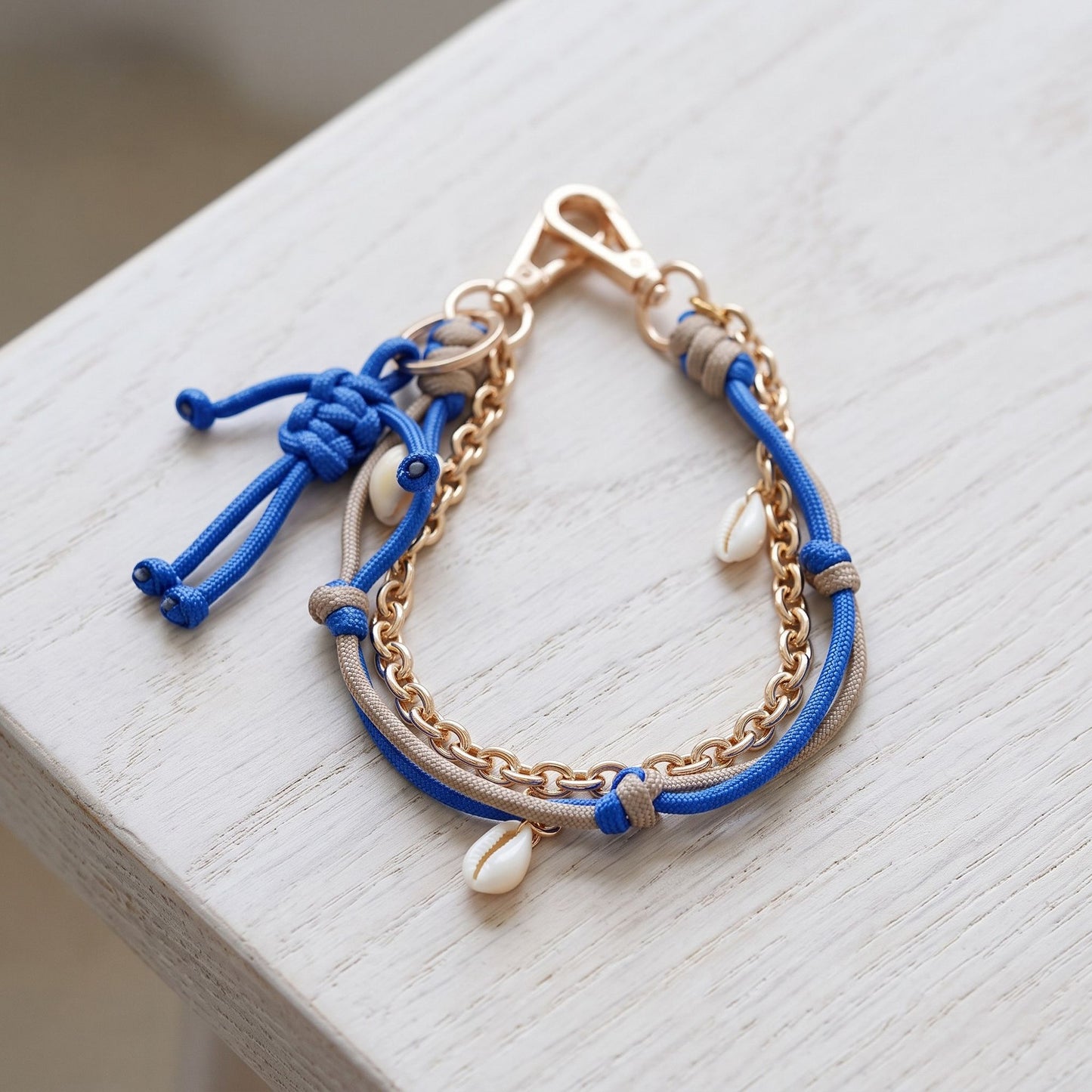 Blue Rope and Gold Tone Chain Bag Charm with Shell Accents and Clip On Clasps