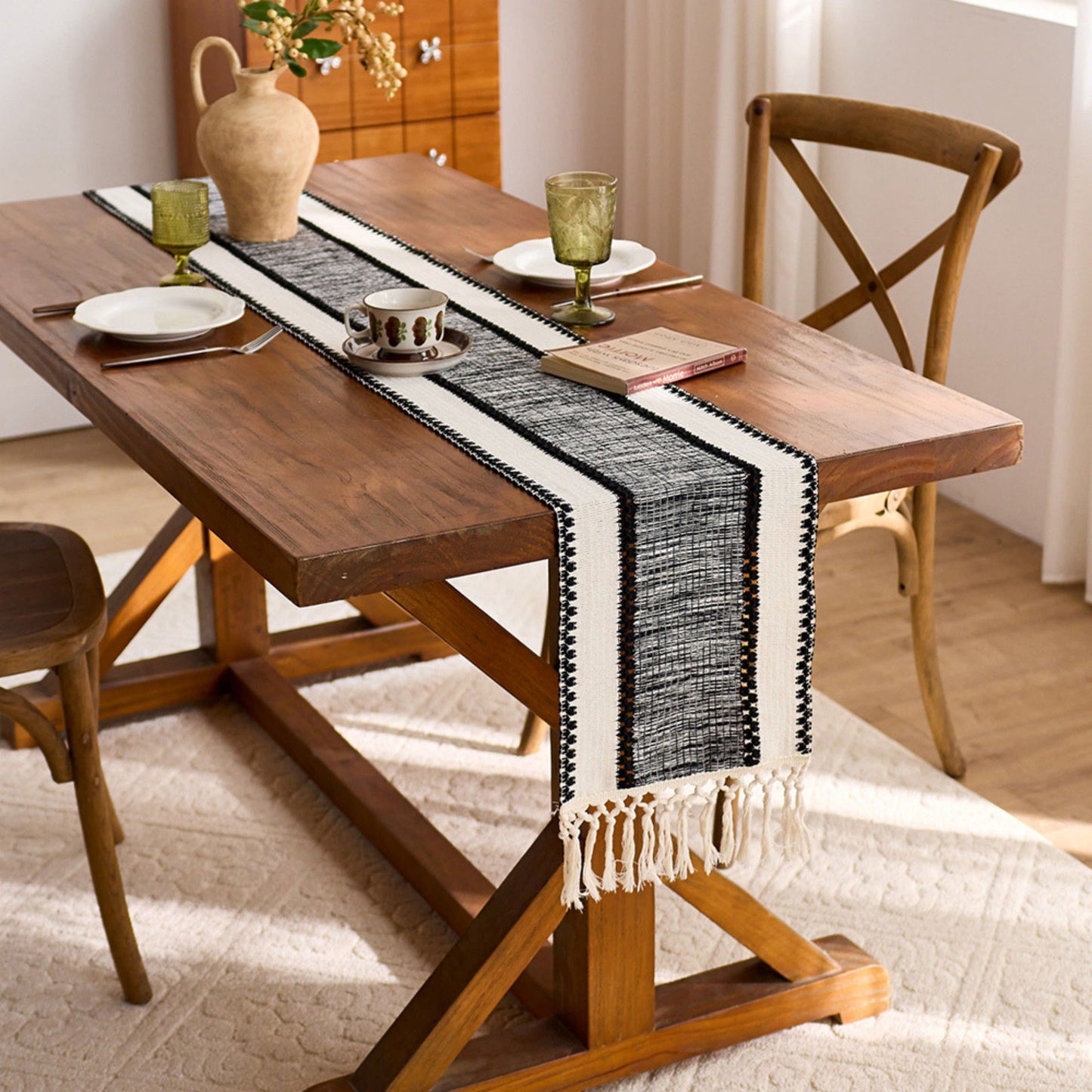 Textured Woven Table Runner with Fringe Edges and Bohemian Stripe Pattern 47x11.8 in